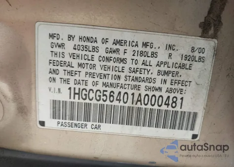 2001 Honda Accord 2.3 Lx from USA, damaged, VIN 1HGCG56401A000481